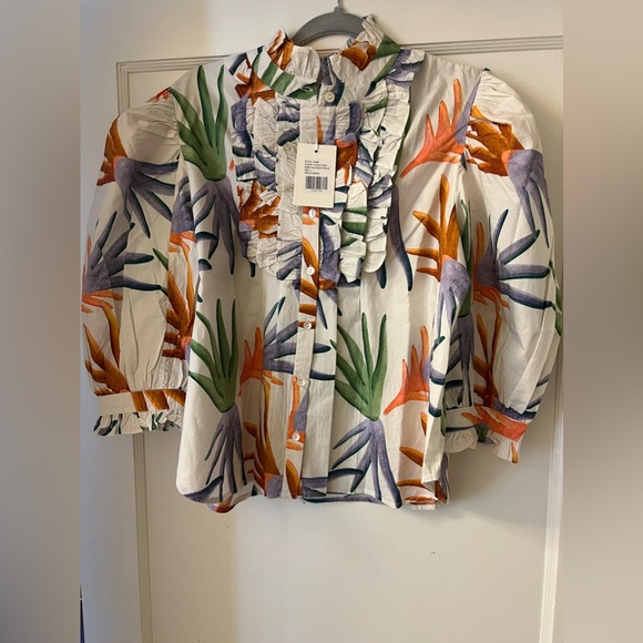 Oliphant Tops - Oliphant Top - NWT RUFFLE FRONT BUTTON BLOUSE- FORTUNA GREEN, Size Large